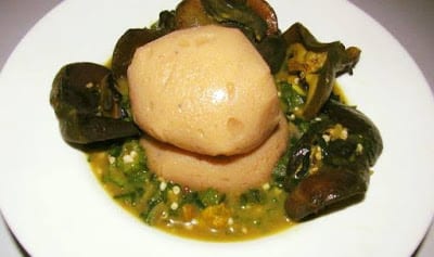 raw blender plantain fufu served with snail okra soup